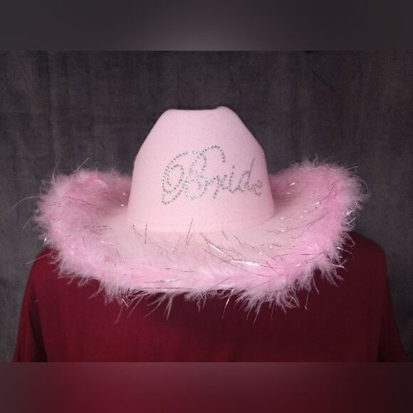 Pink Bling Bride Cowboy Hat with Feather Boa Around Edge NWT - Picture 5 of 5